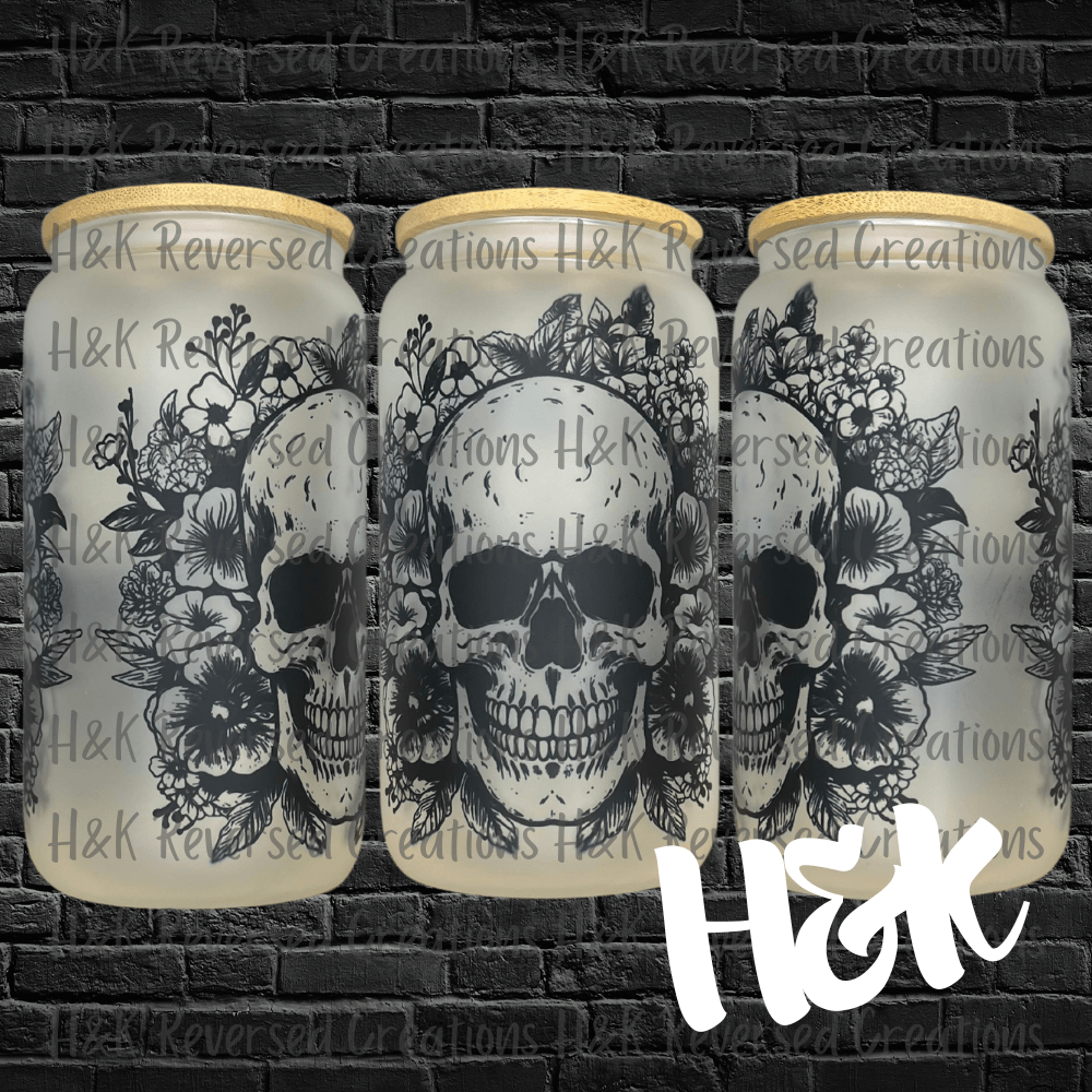 Skull and Flowers Glass Can - H&K Reversed Creations