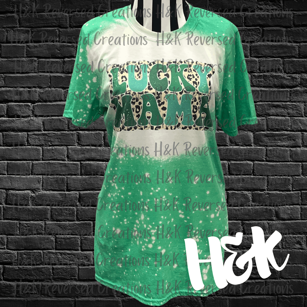 Lucky Mama, Leopard Print, Green Bleached Tee - H&K Reversed Creations