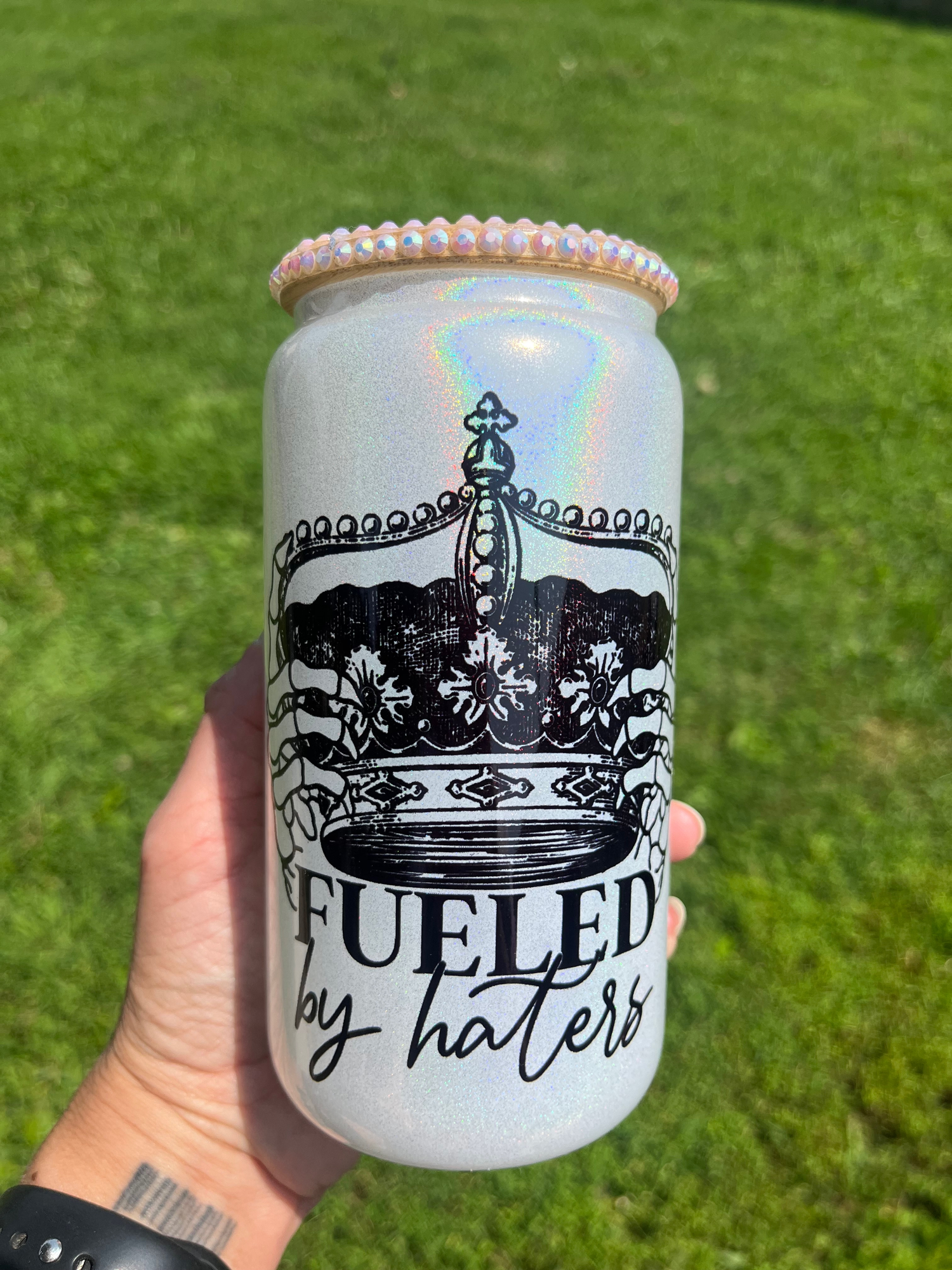 fueled by haters shimmer glass can 