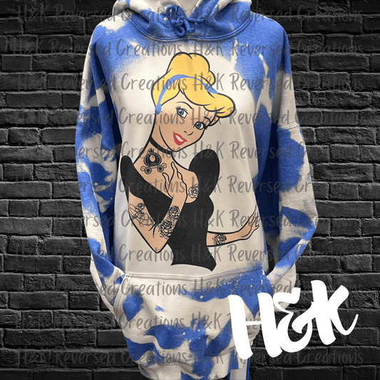 Tattooed Princess, Blue Bleached Hooded Sweatshirt - H&K Reversed Creations 