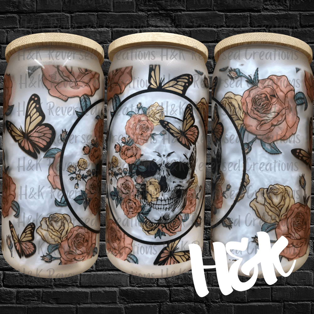 Skull and Butterflies Frosted Glass Can - H&K Reversed Creations 