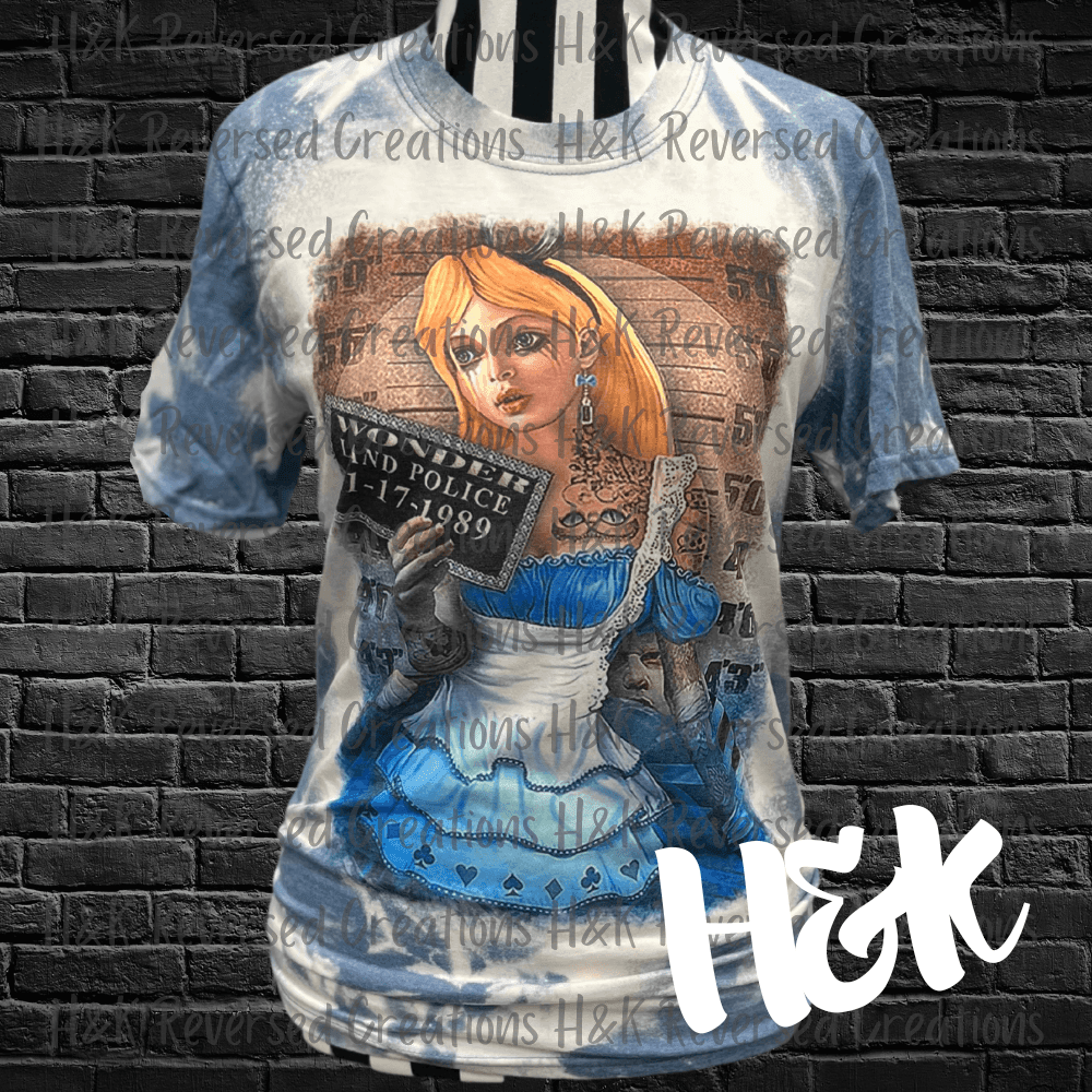 Wonderland Alice Mugshot Bleached T-Shirt - H&K Reversed Creations 