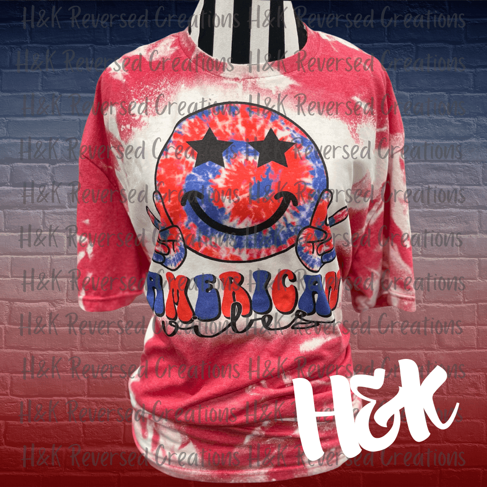 American Vibes / Peace Sign Smiley Face / Red White and Blue / Tie Dye / Bleached Tee - H&K Reversed Creations 