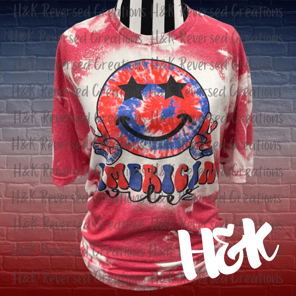 American Vibes / Peace Sign Smiley Face / Red White and Blue / Tie Dye / Bleached Tee - H&K Reversed Creations 