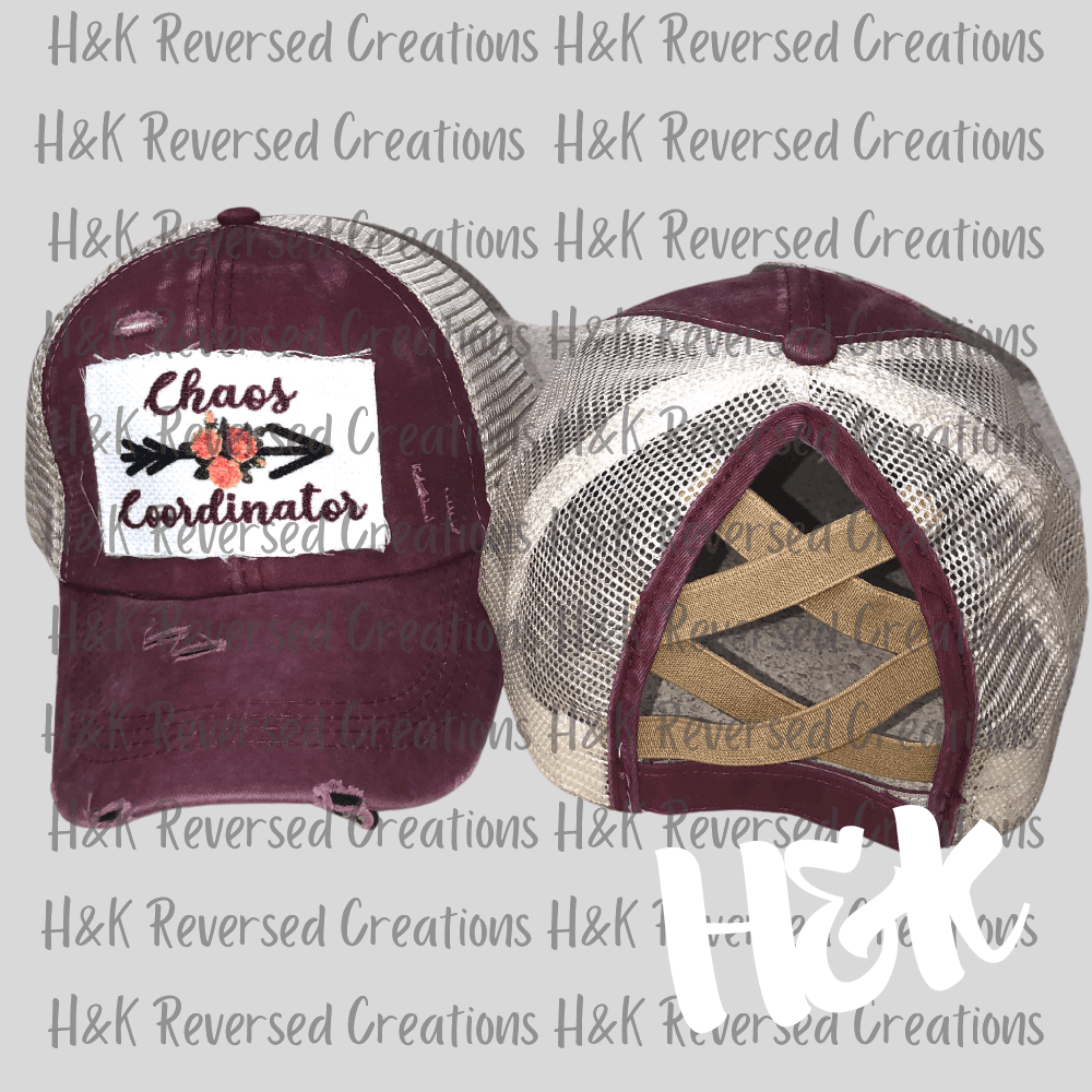 Chaos Coordinator Distressed Patch Women's High Ponytail Hat - H&K Reversed Creations 