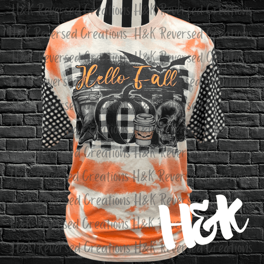 Orange bleached hello fall shirt - H&K Reversed Creations 
