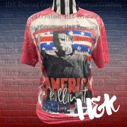 America Killin it since 1776 Michael Myers Red Bleached Shirt - H&K Reversed Creations 