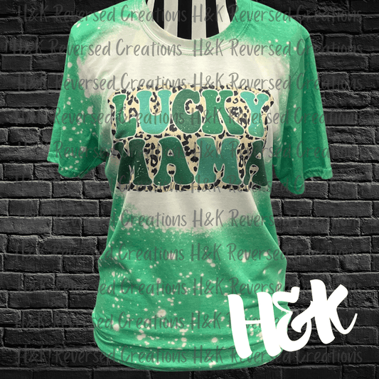 Lucky Mama, Leopard Print, Green Bleached Tee - H&K Reversed Creations 