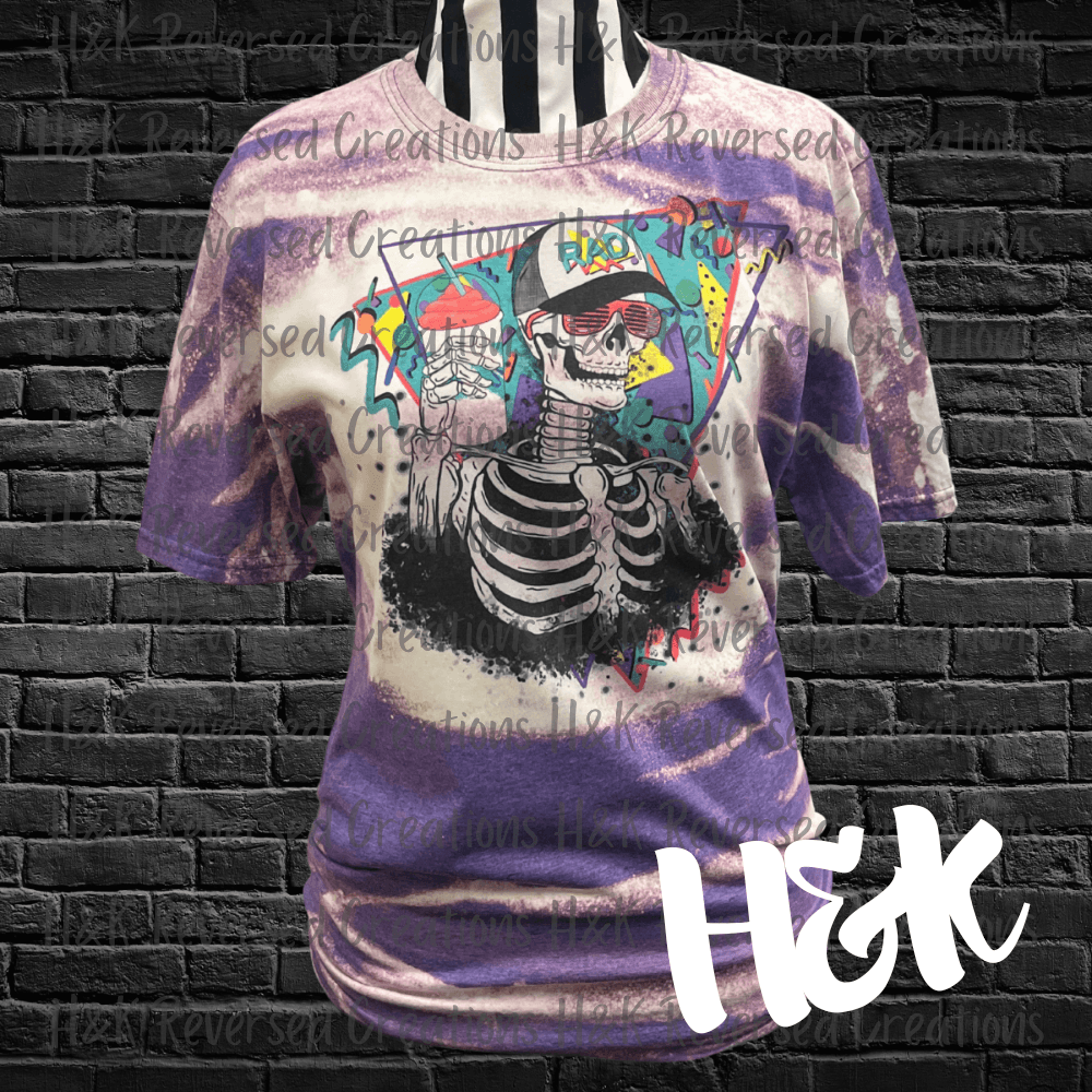 Rad Retro Skeleton | Purple Bleached T Shirt - H&K Reversed Creations 