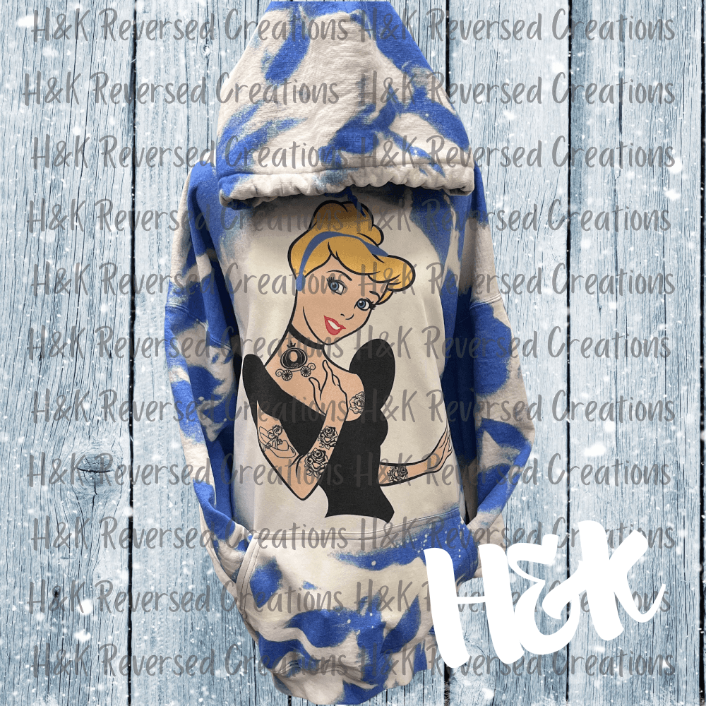 Tattooed Princess, Blue Bleached Hooded Sweatshirt - H&K Reversed Creations 