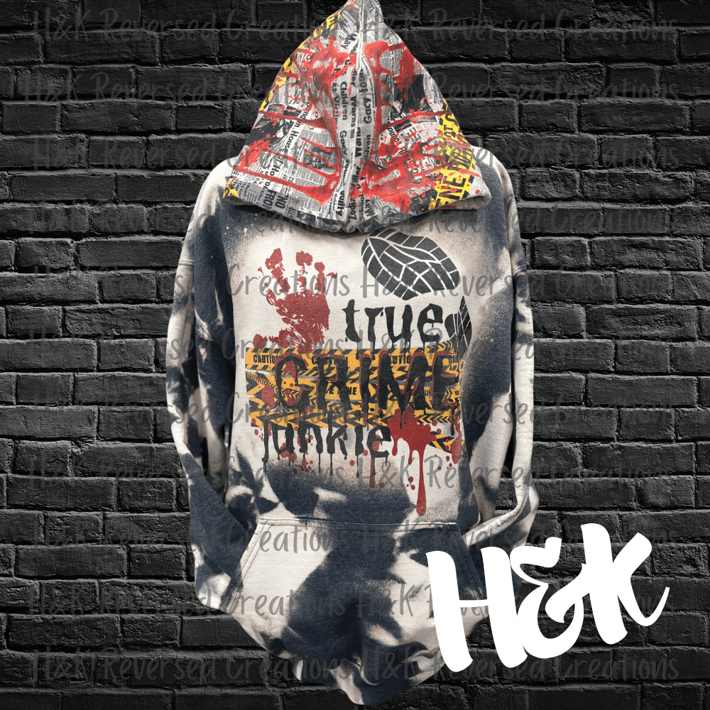True Crime Junkie Bleached Hoodie - H&K Reversed Creations 