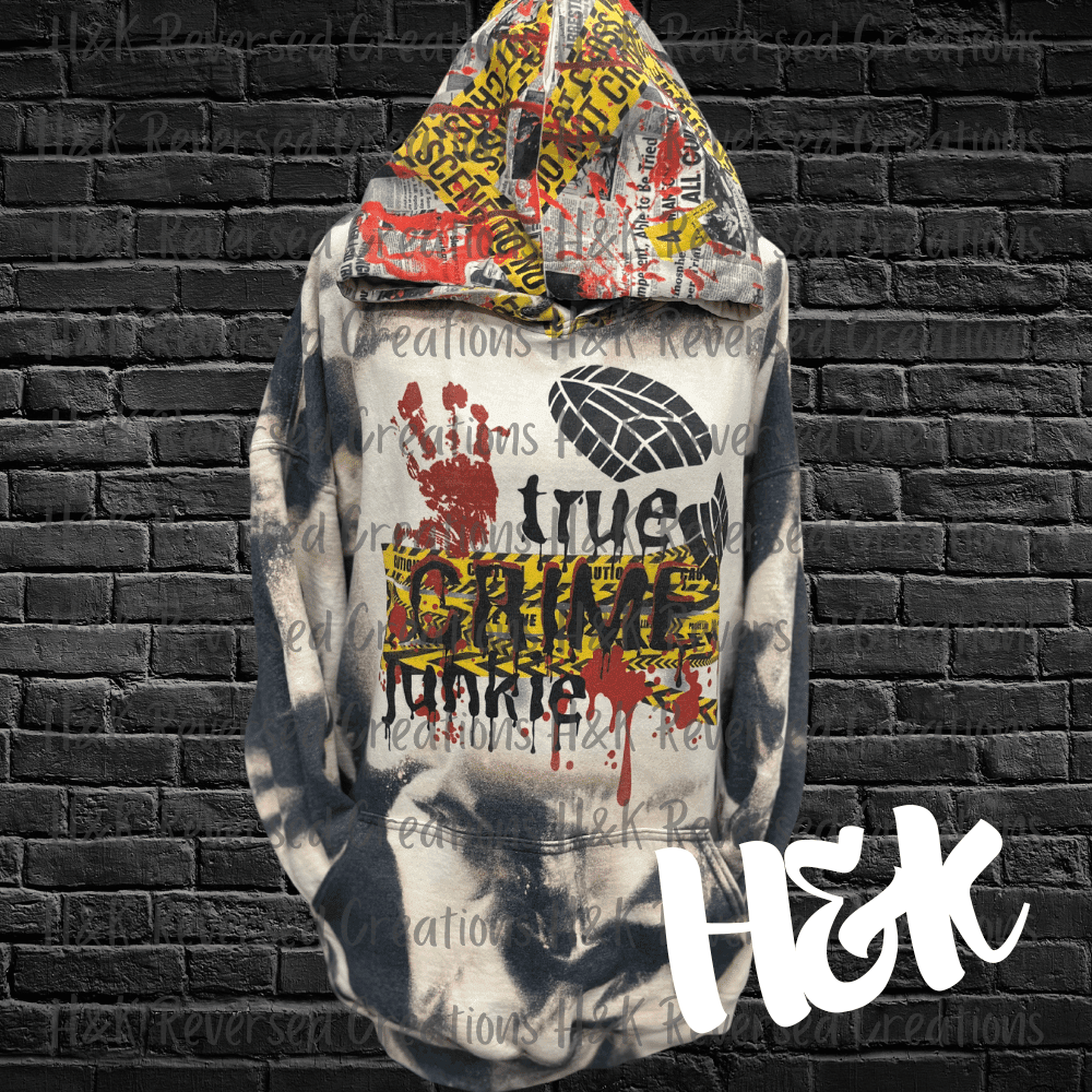 True Crime Junkie Bleached Hoodie - H&K Reversed Creations 